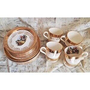 Vtg Sabin 22K Crest-O-Gold Courting Couple 24 piece tea set: cup, saucer, plates
